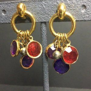 Dangle Hoop Earrings Gold Faceted Bezel Red Purple Magenta Retro Boho Barbie